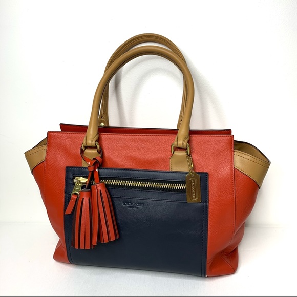 Coach Handbags - COACH Navy & Orange Leather Colorblock Satchel Bag
